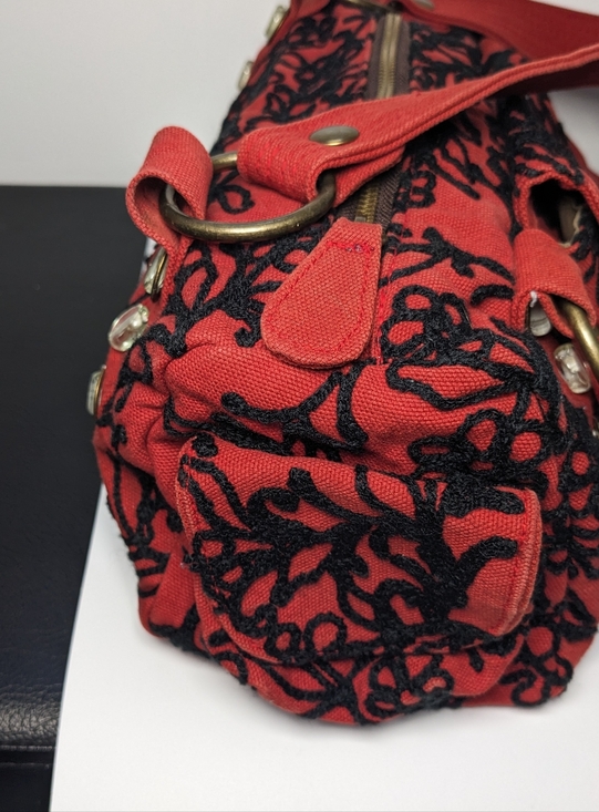 Lola Handbag Canvas Floral Embroidered Red Black Purse Whimsygoth - Picture 3 of 13